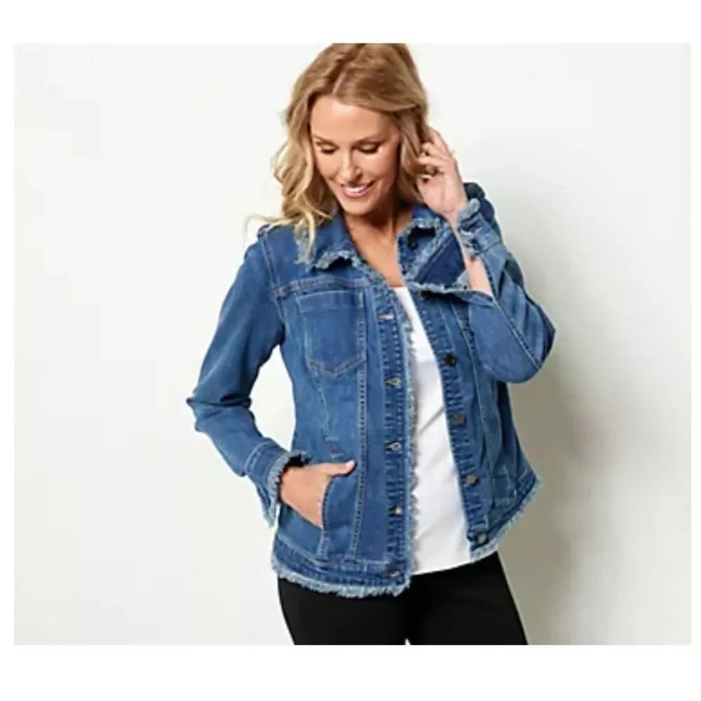 Susan Graver Stretch Denim Button-Front Frayed Jean Jacket NWOT 3X Stonewash